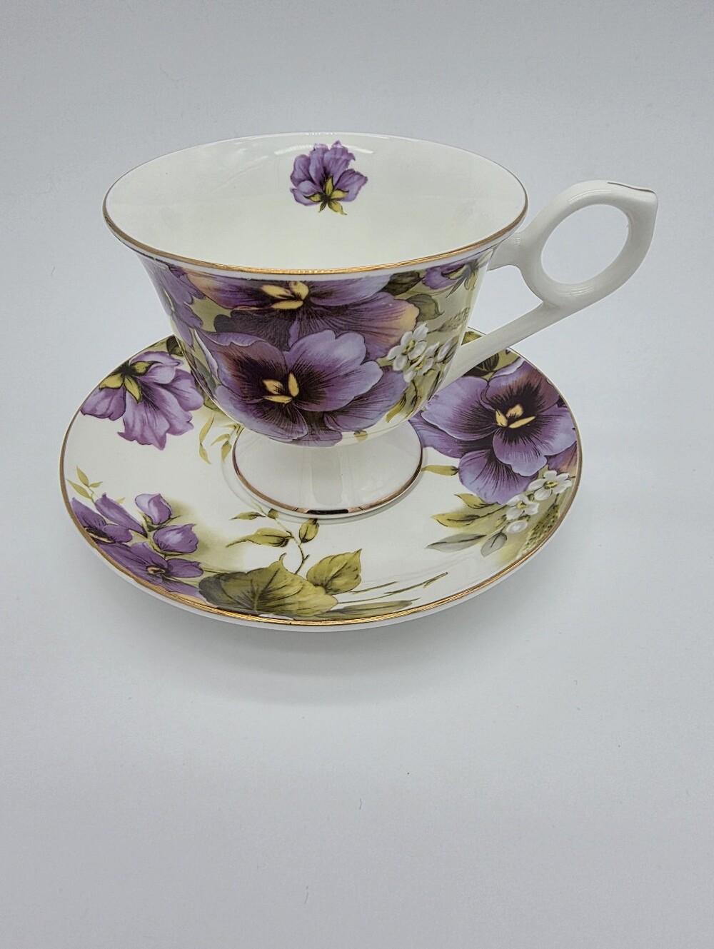 Vintage Gracie Bone China Purple Pansy Large Teacup  Saucer Set